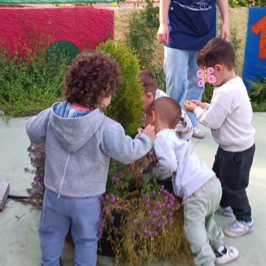 Niños jugando y explorando en el jardin 